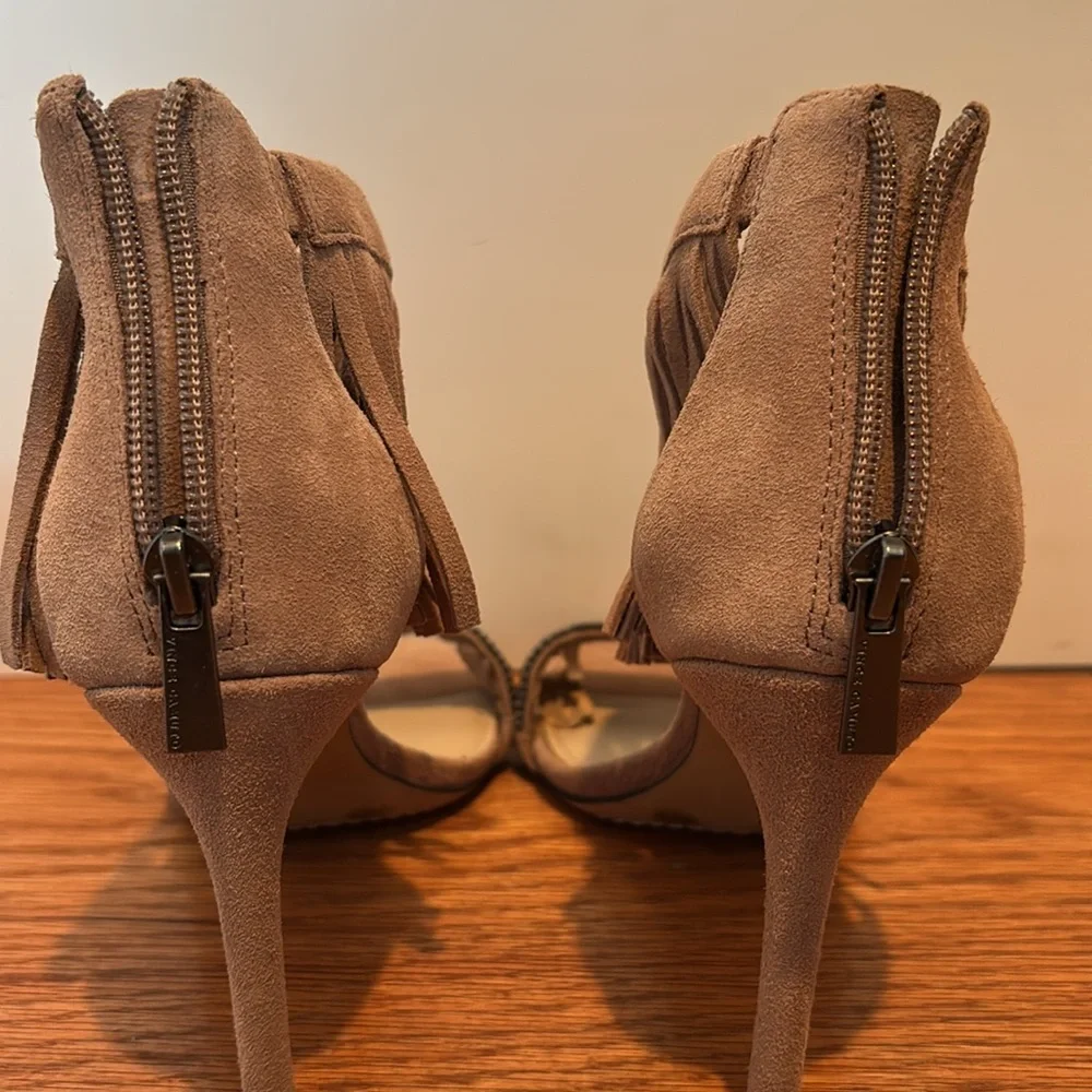 Vince Camuto Taupe Suede Fringe Beaded Open-Toe Heels